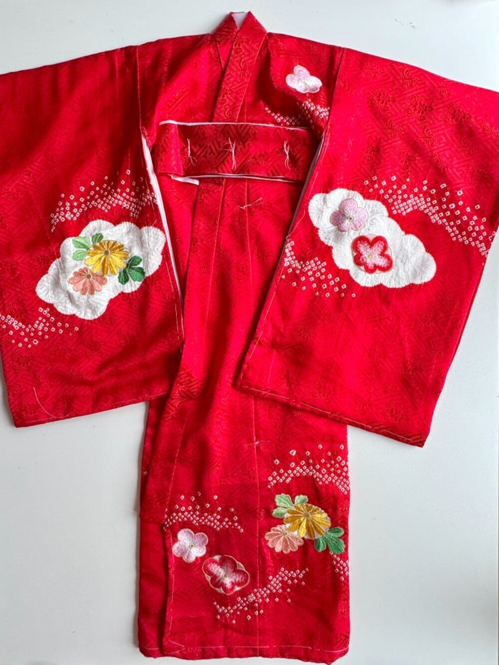NWOT Kids' Japanese Red Silk Satin Floral Embroidered Kimono